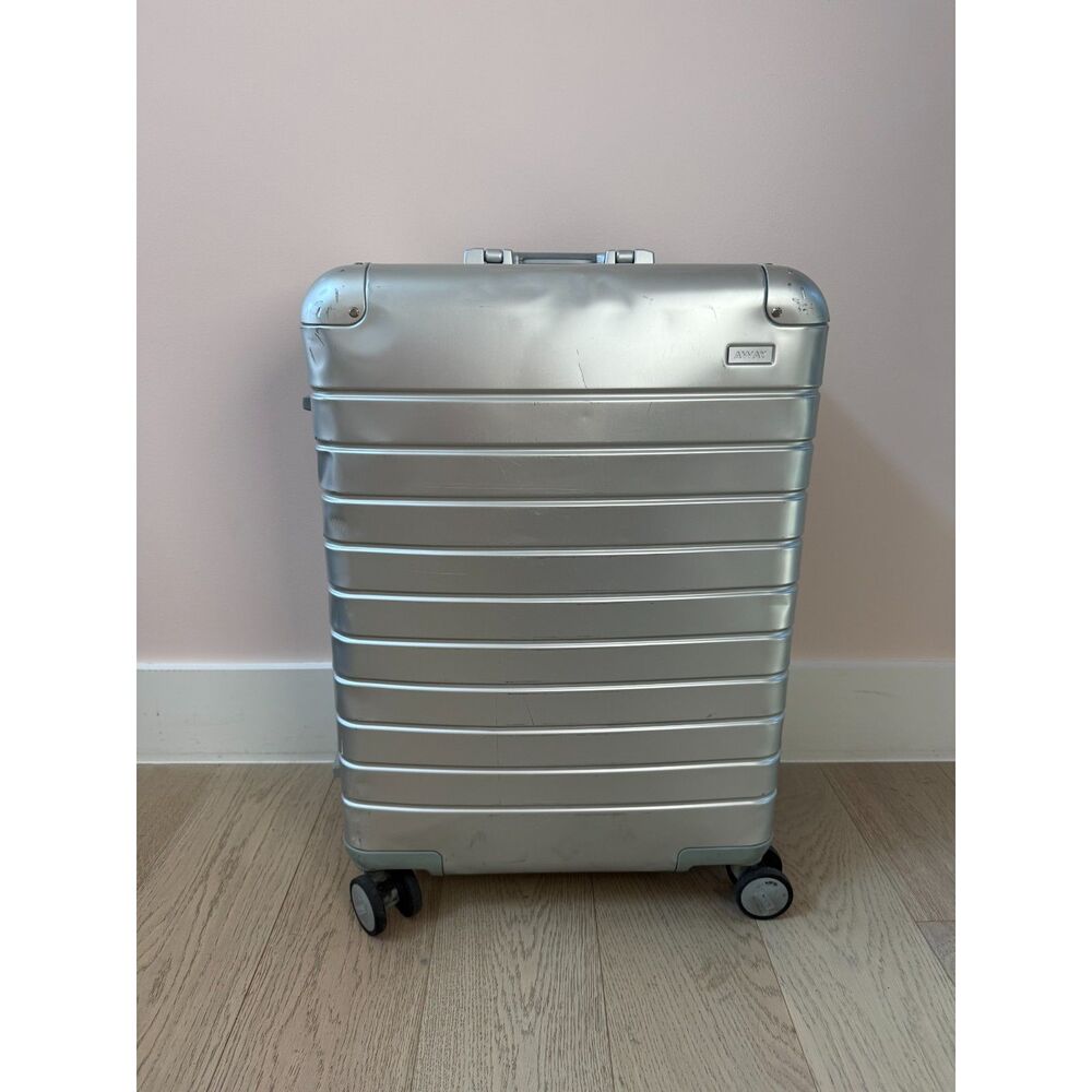 AWAY The Medium Aluminum Edition Checked Suitcase in Silver w/ Clear Cover VGC